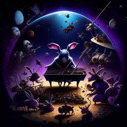 dark colours bugs bunny being a composer piano violin and is surrounded by swarm pig pig swinewasp swine pigpen pigsty on an diffrent planet cosmos lovecraft