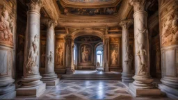 inside a palace in ancient Rome showing rooms, halls, courtyards, magnificent, marble statues, coloured pictorial tapestries, painting, dream world, calm beauty, fantasy world, magic, splendor, uplifting, inspiring, therapeutic, chiaroscuro, color, award-winning colour photograph, beautiful composition, exquisite detail, Nikon 55mm