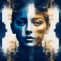 Anything Symmetrically Artistic Related To Double Exposure With The Colors Using Navy-Blue, Maroo, White & Golden With Black Grunge Background.