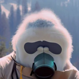 subject = (Yeti in a mask) background = (wildfires, mountains, fires, smoke, disaster)