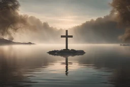 Good friday concept christian cross submerged in a tranquil lake symbolizing baptism and rebirth. Camera settings : Full-frame , 100mm lens, f/1.2 aperture, ISO 100, shutter speed 60 seconds. Cinematic lighting, Unreal Engine 5, Cinematic, Color Grading, real time Photography, Shot on 70mm lense, Depth of Field, DOF, Tilt Blur, Shutter Speed 1/2500, F/13, White Balance, 45k, Super-Resolution, Megapixel , ProPhoto RGB, VR, tall, epic Lighting, Backlight, Natural Lighting, Incandescent