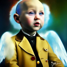 spray painting, style of degas, a happy human baby lawyer called tobias leander with no hair,halo, wings, drinking, sitting in chair, photo realistic spray painting, dark wood background