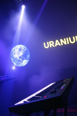 French cool synth player, he is called "Jean-Maurice Brûlée" performing at dance club, his name is "Jean-Maurice Brûlée" , white and blue Neon lights and smog, an earth is projected in background, and "URANIUM" big sign on the wall, he is playing on synthesizers on stage with lot of laser beams and wearing black sunglasses,