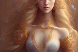 ultradetailed beautiful portrait painting of love Aphordite with long flowing blonde hair and sharp piercing gaze of blue eyes, alluring beauty, wearing jewels, roses, ultra ornate, gold leaf deatils, wearing white dress, by conrad roset, greg rutkowski and artgerm, trending on artstation