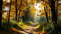 A sun-dappled forest path with golden leaves falling gently, leading to a hidden, tranquil garden filled with colourful butterflies. Beautiful award-winning colour photograph, rule of thirds, balanced delightful composition, perfect lighting, superb detail, 16k render