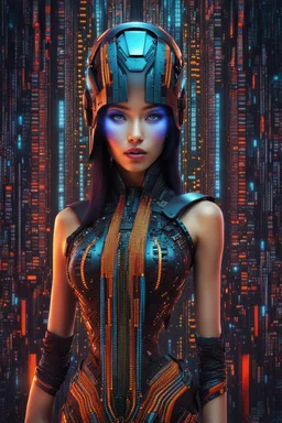 beautiful strange looking digital woman cyber indonesia made up completely of binary code, expressive and mysterious, consisting fully of binary code, full body portrait, deep colors, detailed matte painting, fantastical, intricate detail, splash screen, colorful, fantasy concept art, 8k resolution, Unreal Engine 5, beautiful iris, sharp focus, centered. By addiedigi