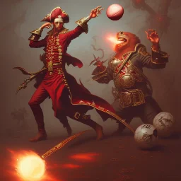 A pirate in dark red armor, throwing a football, style by peter mohrbacher, donato giancola, joseph christian leyendecker, wlop, boris vallejo