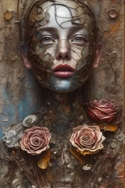 an abstract painting of rusted metal and flowers, by anselm kiefer and lucian freud, rust, scaffolding, iron cladding, decay, mixed media, textured, anatomically correct, beautiful perfect face, sharp focus, highly detailed