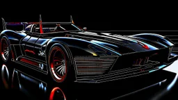 batmobile concept inspired from a 2025 ford mustang dark horse with a large elaborate spoiler and batman symbol style fins, batman symbol in grille, lower wind deflector. red stripes like 1960s adam west batmobile