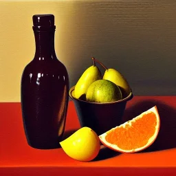 still life bottle half fruit