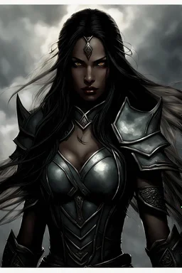 SA female elf with skin the color of storm clouds, deep grey, stands ready for battle. Her long black hair flows behind her like a shadow, while her eyes gleam with a fierce silver light. Despite the grim set of her mouth, there's a undeniable beauty in her fierce countenance. She's been in a fight, evidenced by the ragged state of her leather armor and the red cape that's seen better days, edges frayed and torn. In her hands, she grips two daggers, add dark shadow mystic purple flames