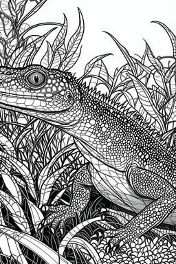 Outline art, lizard in the bush, cartoon style, black and white, low detail, --ar 9:11