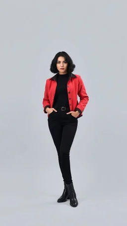 beautiful lady with short black curlay hair ,classic jacket and panta stand full body hands free release pose pretty boots ,simple background