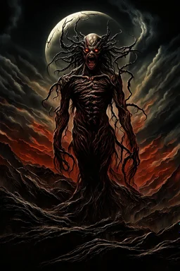 A dramatic digital painting portraying a horror monster under the Moon, veins pulsing, claws of temptation visible, soul in turmoil. In the style of Luis Royo and Boris Vallejo and Giger and Ridley Scott, vivid colors, swirling brushstrokes, highly detailed, 8k resolution, surrealistic., juicy emotions, painting, gloomy fantasy, gloomy day, dark world, portrait, oil and graphite, wide strokes, a weaving frame around, by Ryohei Hase, Agnes Cecile, Raymond Swanland, Anne Bachelier