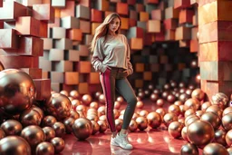 beautiful lady with todays modern clothing and sport shoes, in surreal stage made of fractal random size spheres with helical strip colors in clothing similar to environment full body posing to camera,animating background metallic random color cubes