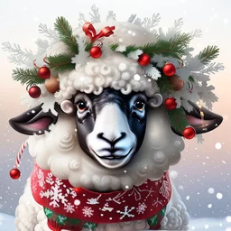 festive Whimiscial sheep in snow, with lights dressed for Christmas in holiday sweater