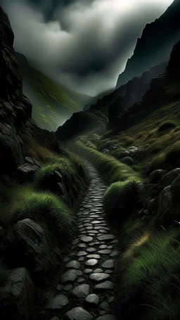 narrow stone path above the ground gradually getting higher into the clouds no railings, dangerous drop people in black leathers medievil period weather is wet spiraling into the clouds fantasy, a valley in mountains with a moon showing in the background human skuo on the sides of the trail