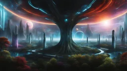 hyper realistic, tron legacy movie, aliens creatures, space ships of the future, city of the future, green nad dark red trees , forest, yellow, blue, purple, orange, space, planets, god creations