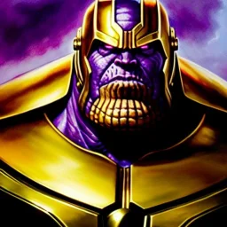 fullbody portrait in oil on canvas of Thanos with Big Golden Hulkbuster armor, intense stare, masterpiece, realistic, intricate detail, sci-fi fantasy style, volumetric lighting, particles, highly detailed ,cinematic , deep colours, 8k, by Kaare Andrew and Robert E Howard and Ken Kelly