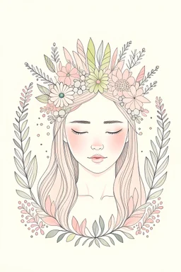 A simple, minimalistic art with mild colors, using Boho style, fairytale, floral crown