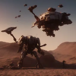 Armored Core machine robot fights another Armored Core fly in the sky in the desert with the ocean where you can see the space in the sky with the twilight on the horizon, 4k resolution