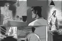 black and white storyboard, wide, on the Foreground there is a man in profile close to the camera and in the background, 3 chefs, scattered throughout the kitchen cooking, frying, cutting