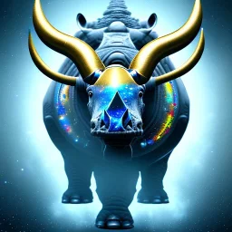 ù photo realistic, symetrical, centered, ultra detailed, digital art, in center is a portrait of highly detailed profile of head cyborg rhino ,big gold horn,little ear, eyes filled with galaxy, dominating colors = gray light blue and dark gold, lightning, smoke,