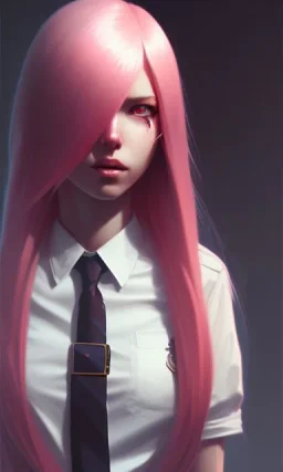 girl, cute, beautiful, pink hair, brown eyes, pigtails, bangs, knife in hand, blood on face, by Greg Rutkowski, big boobs, blazer, yandere