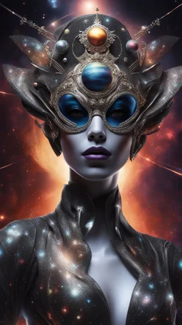 Full body. A captivating and vibrant image of an extraterrestrial being, perfectly suited for a futuristic cover. The alien sports a stunning metal headdress, with intricate designs that perfectly match his elegant silver face. Her retro-style oversized sunglasses are adorned with miniature stars and planets, accentuating her otherworldly charm. Against a dark cosmic void, the background displays a fascinating dance of vivid colors, evoking a sense of movement and cosmic energy.