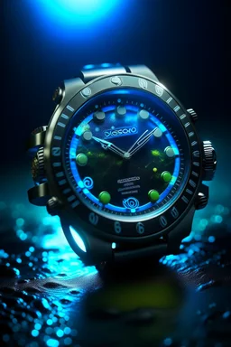 Design a captivating image of an Obsyss diver's watch submerged underwater. Emphasize the watch's water-resistant features, and play with lighting effects to create a realistic underwater ambiance.