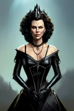 painting of charlize theron as evil queen in black leather, feminie, angry, stern look on her face, volouptous, busty, cleavage, emperious, mature, highly detailed, digital painting, artstation, concept art, smooth, sharp focus, illustration, art by gaston bussiere and alphonse mucha