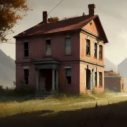 Abandoned house, brick walls, highly detailed, hill in the background, two windows on the front wall, with roof, concept art by Greg Rutkowski