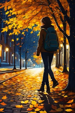 night yellow lights over the street trees autumn leaves under feet ,a Student adult girl with books in her hand walking in street turned back to talk to a boy walks after her few meters away her back