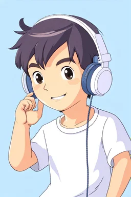 An Asian boy in a white shirt and headphones.