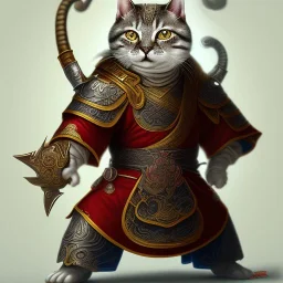 Character design, anthropomorphic cat dressed as a Shaolin, dark, evil, furious, epic, intricate details, finely detailed armor, silver, golden