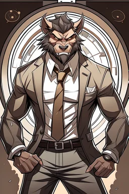 Buff, anthro, wolf, himbo, black fur, gold eyes, wearing a suit, full-body, muscles, strong, muscular, man boobs, bulky, tail