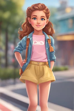 standing cute barby cartoon teen girl, looking to camera