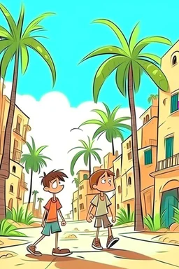 a city with palm trees old and boy walk cartoon