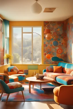 A vintage room embodying the essence of the 1970s, complete with (((retro furniture))), colorful patterns, and (sunny afternoon light streaming through open windows)