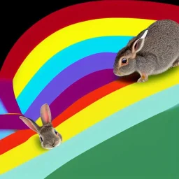 A rabbit is sliding on the rainbow.