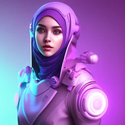 Cute girl face in hijab, Sci-fi character, purple backlight, pink and purple, scifi suit, profile, purple background, pink lighting