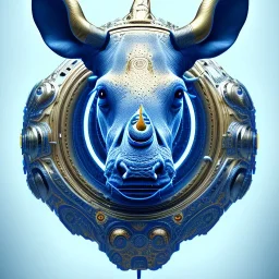 ù photo realistic, symetrical, centered, ultra detailed, digital art, in center is a portrait of highly detailed profile of head cyborg rhino ,big one gold horn,little ear, eyes filled with galaxy, dominating colors = gray light blue and dark gold, lightning, smoke,