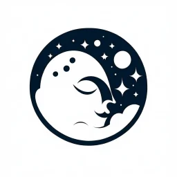 Logo, vector, clean, circle logo with a face looking up at the moon clouds and stars