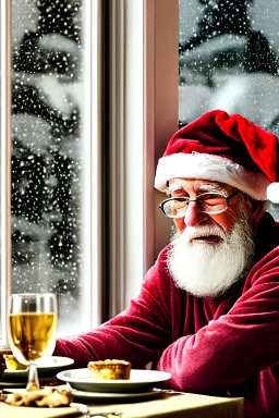 Idoso sentado em uma mesa na ceia de natal olhando Chuva na janela hiper-realista hiper detalhista full HD 4K glamuroso com ar de serenidade