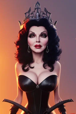 Joan Collins as evil queen in black leather, leather, busty, cleavage, angry, stern look. character design by cory loftis, fenghua zhong, ryohei hase, ismail inceoglu and ruan jia. unreal engine 5, artistic lighting, highly detailed, photorealistic, fantasy