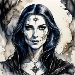 ink wash and watercolor etching of a dark medieval female sorceress , with highly detailed facial features ,in the style Ann Chernow, with a fine art aesthetic, highly detailed , realistic , 4k UHD cinegraphic quality