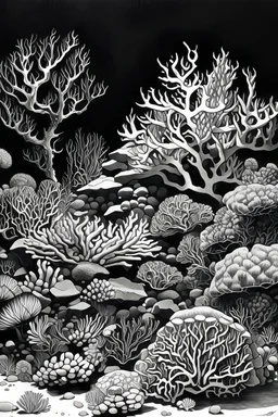 a black and white drawing of coral reef