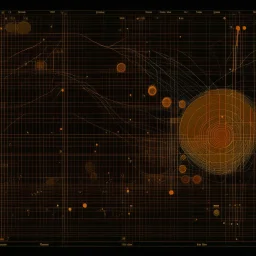 schematic of solar wind patterns, Braille language textures, abstract geometric art, straight lines and precise angles, by Arthur Secunda and Jeremy Mann and Squeak Carnwath and Graham Sutherland, mind-bending illustration; asymmetric, 2D, warm colors, dark background