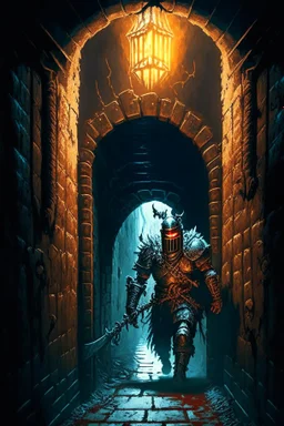 A frightening castle dungeon hallway with an evil knight warrior in rusty chainmail homding an iron chain painterly rpg art