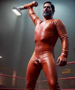 Man, wrestling, naked torso, breeches, tights, suspenders, retro style, 80s, hot ambient, photo studio, red, gold, vibrant color, gradient, highly detailed, art stations, concept art, smooth, unreal engine 5, god rays, ray tracing, RTX, lumen lighting, ultra detail, volumetric lighting, 3d, finely drawn, high definition, high resolution.